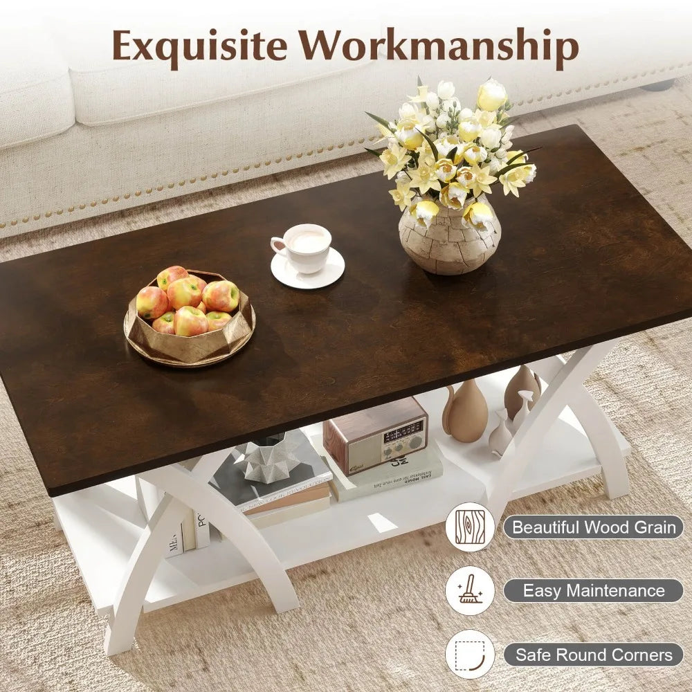 2-Tier Coffee Table w/Storage Shelf & X-shaped Legs for Living Room, Bedroom