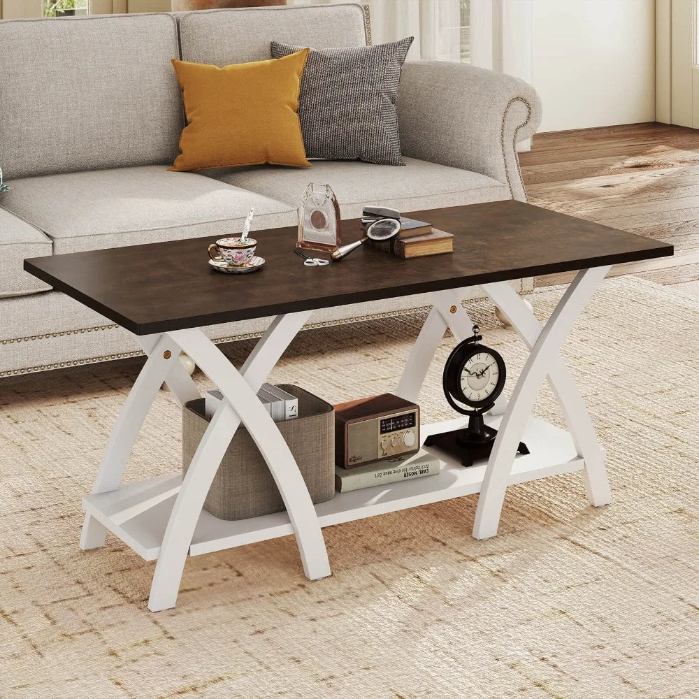 2-Tier Coffee Table w/Storage Shelf & X-shaped Legs for Living Room, Bedroom