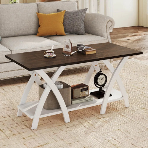 2-Tier Coffee Table w/Storage Shelf & X-shaped Legs for Living Room, Bedroom