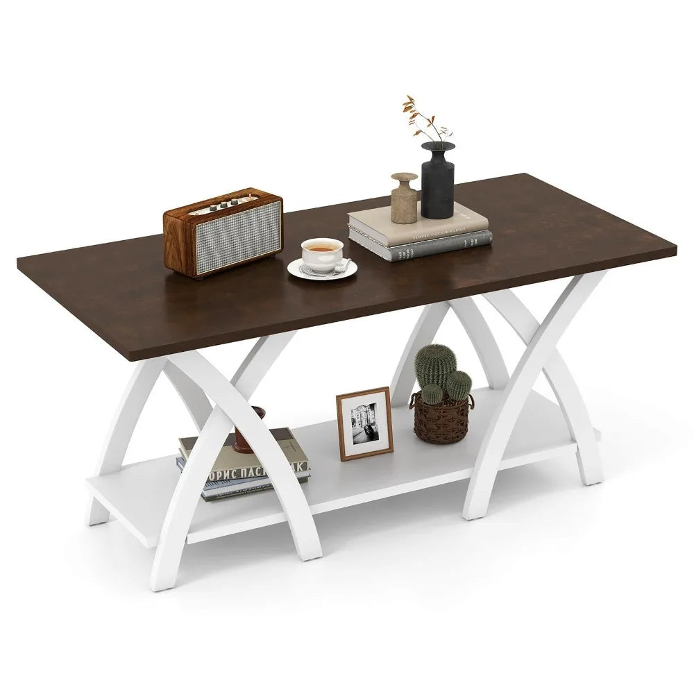 2-Tier Coffee Table w/Storage Shelf & X-shaped Legs for Living Room, Bedroom
