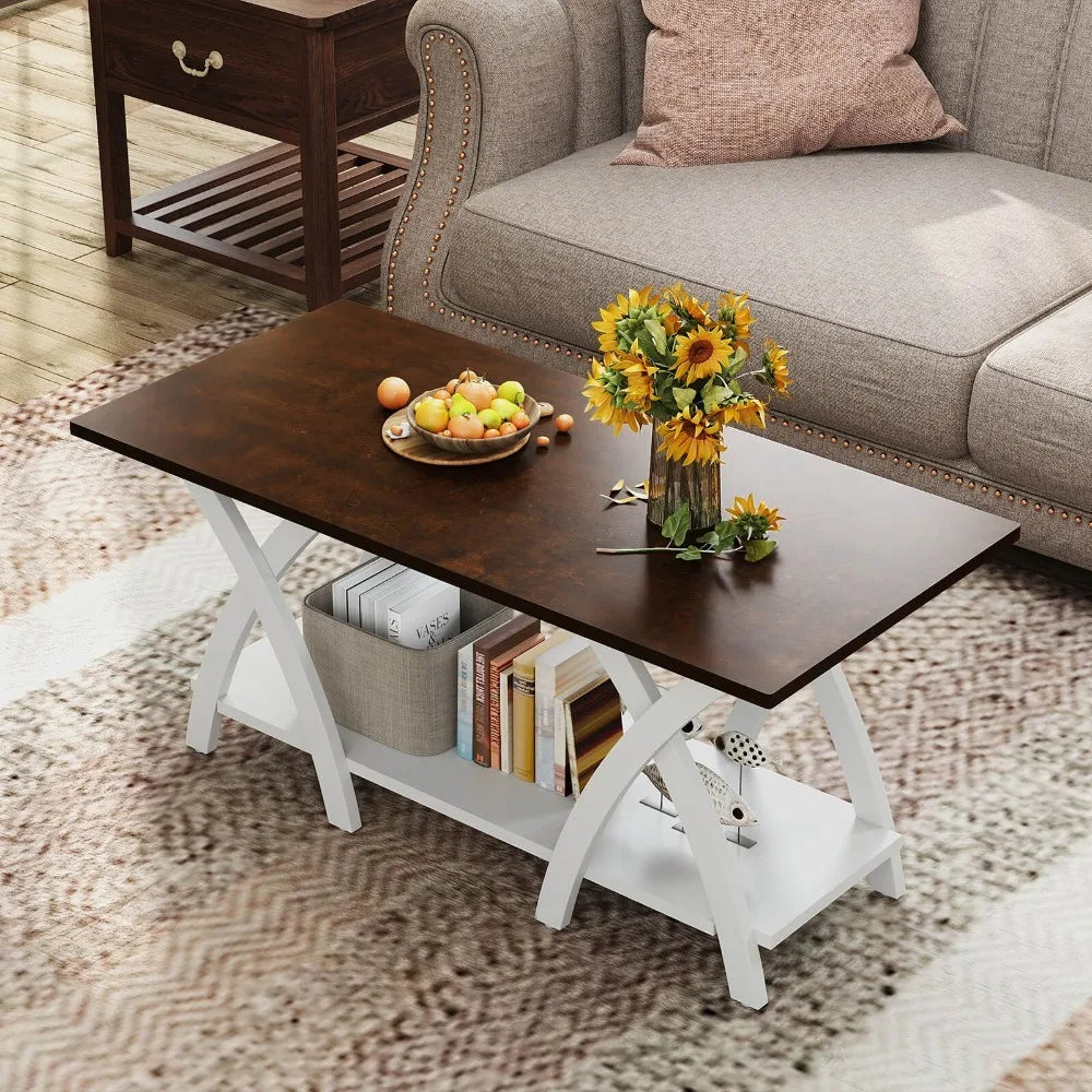2-Tier Coffee Table w/Storage Shelf & X-shaped Legs for Living Room, Bedroom