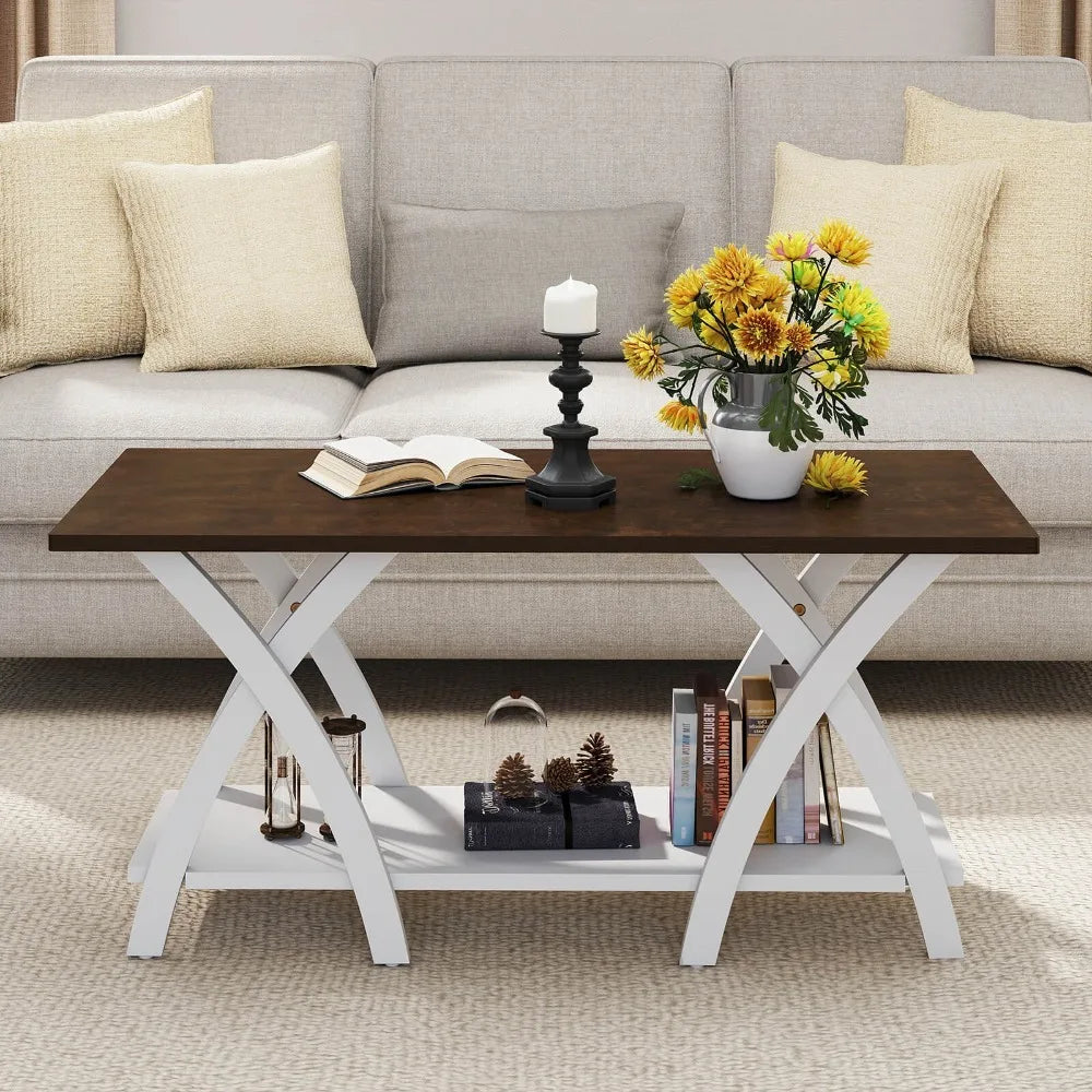 2-Tier Coffee Table w/Storage Shelf & X-shaped Legs for Living Room, Bedroom
