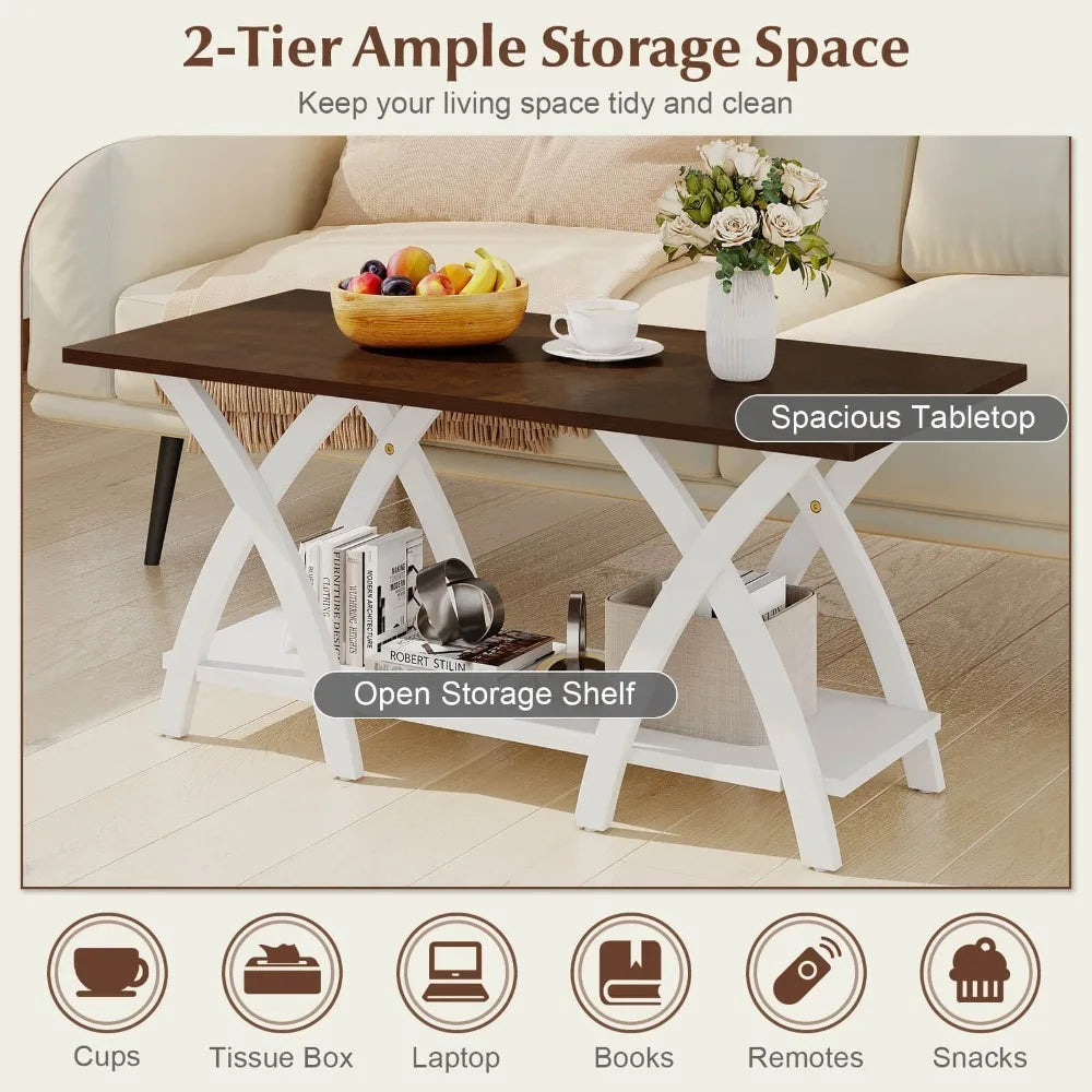 2-Tier Coffee Table w/Storage Shelf & X-shaped Legs for Living Room, Bedroom
