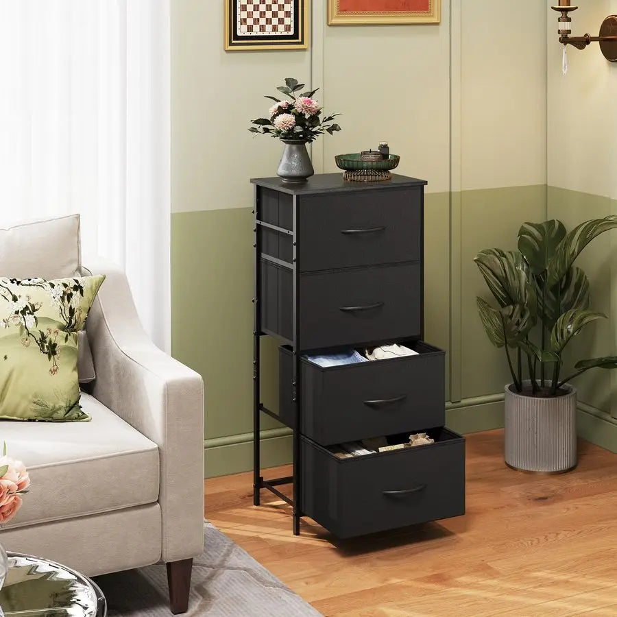 Dresser with 4 Drawers, Fabric Storage Tower, Organizer Unit for Bedroom, Hallway, Entryway, Closets, Sturdy Steel Frame, Wood T