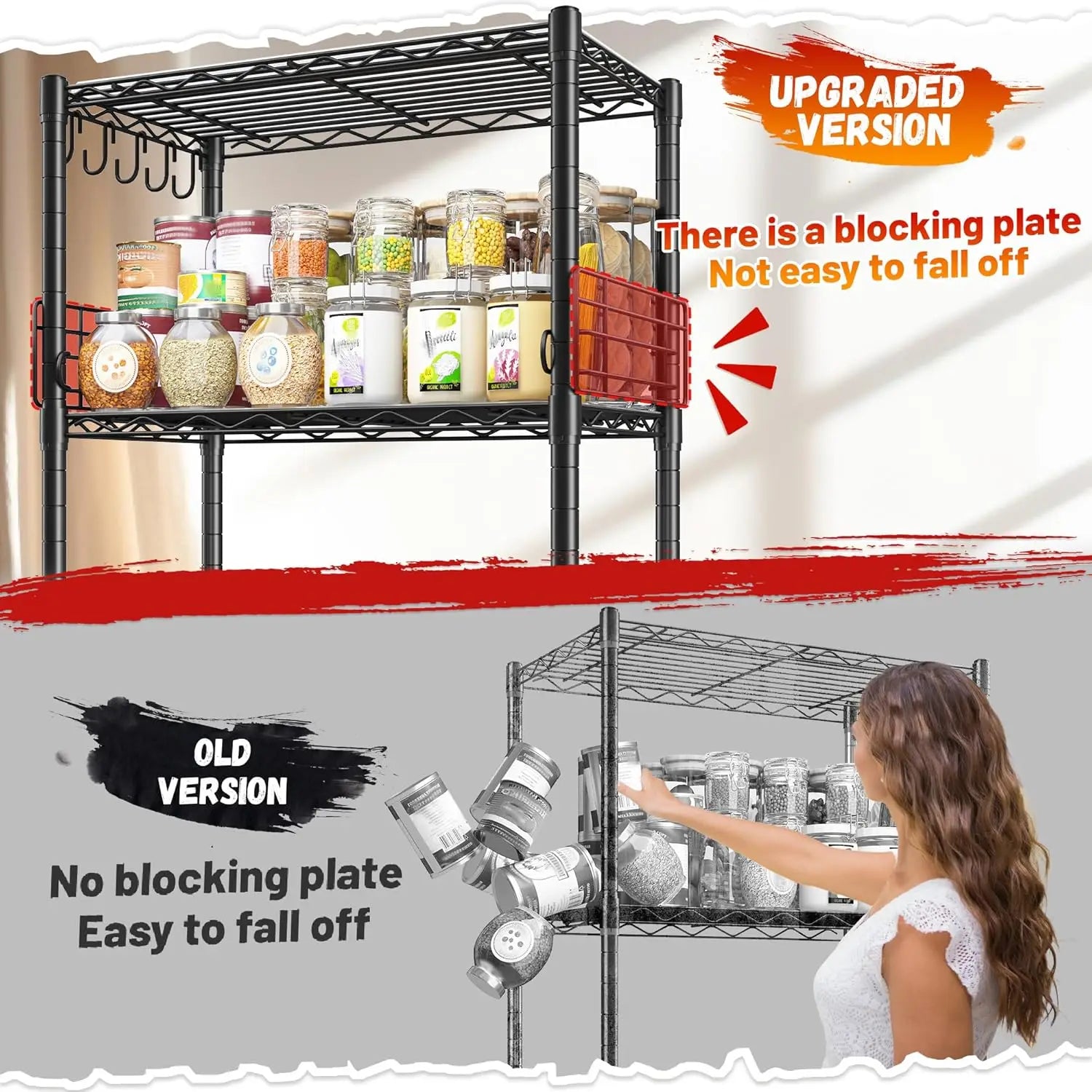 5 Tier Adjustable Metal Wire Shelf Pantry Storage Shelves with Side Blockers Hooks & Shelf Organizer Customized