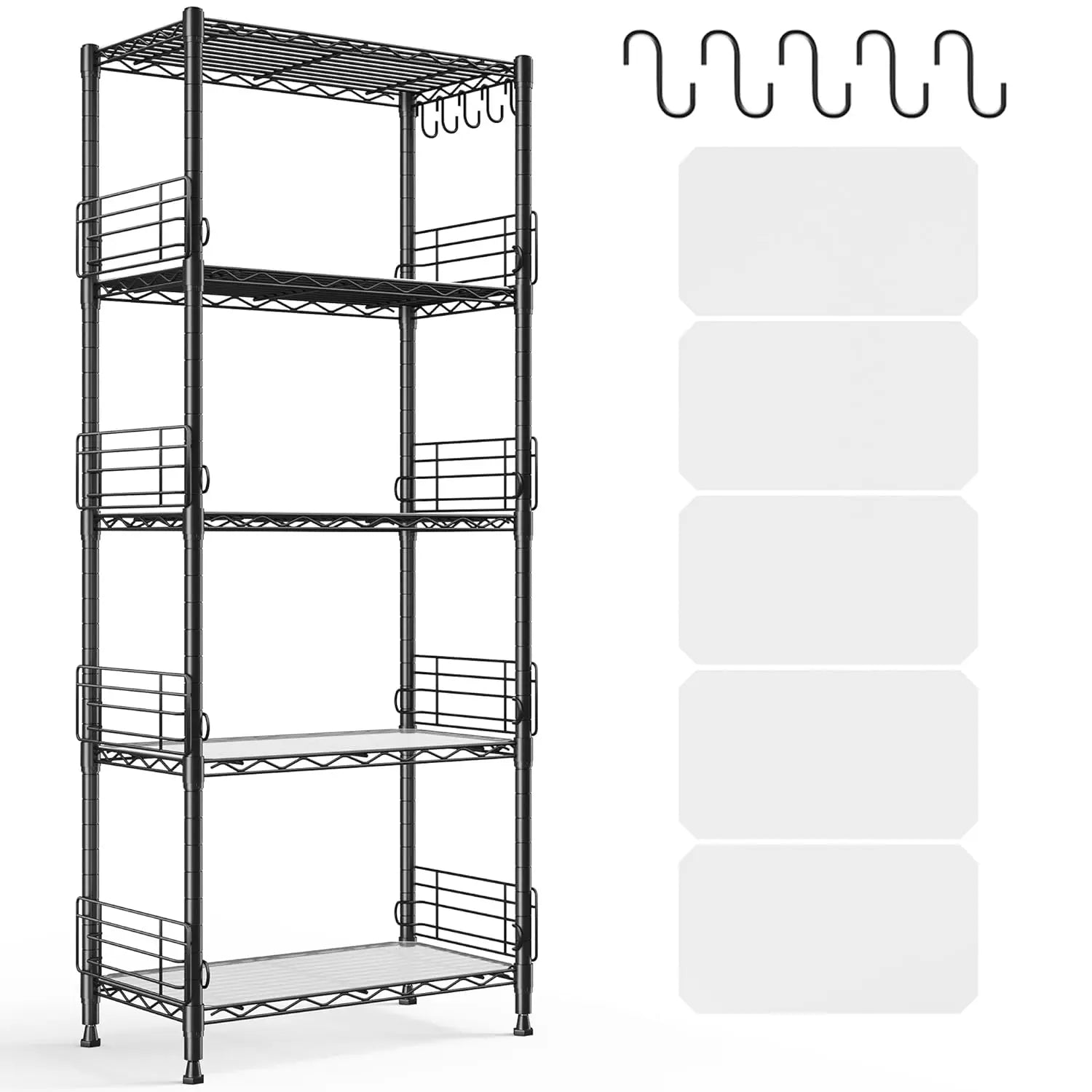 5 Tier Adjustable Metal Wire Shelf Pantry Storage Shelves with Side Blockers Hooks & Shelf Organizer Customized