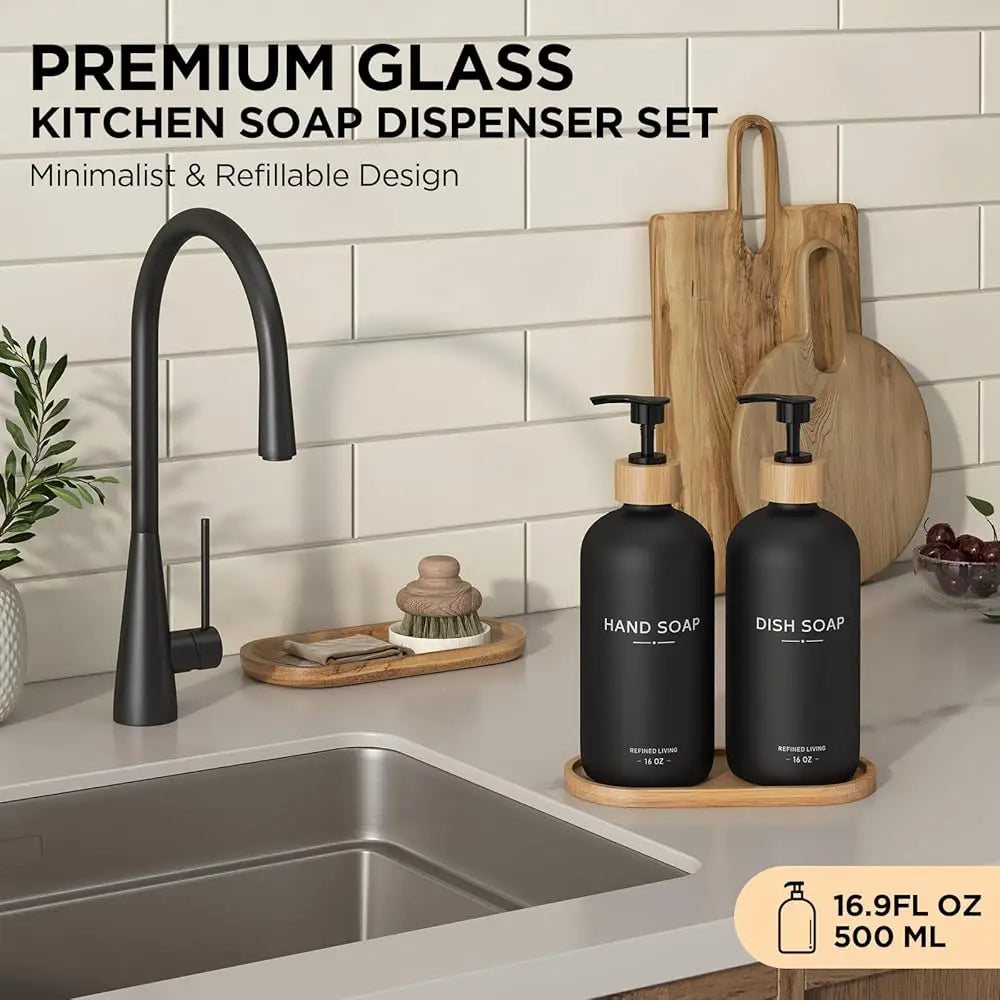 Hand and Dish Soap Dispenser Set,16oz Glass Bottles with Printed Labels, Bamboo Tray & Pump,Countertop Soap Dispensers for Ki