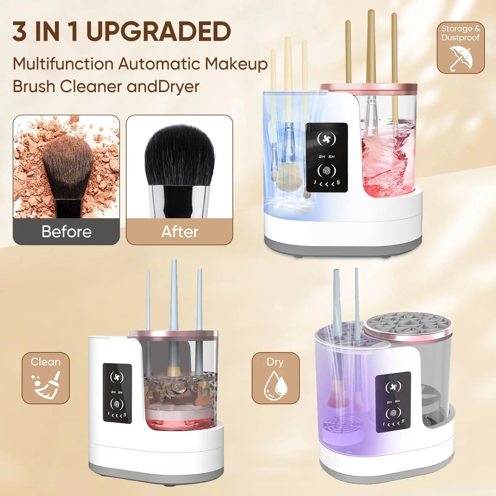 3-in-1 Electric Makeup Brush Cleaner with Dryer & Stand | Automatic USB-Powered Tool for All Brush Sizes Portable Fast-Drying