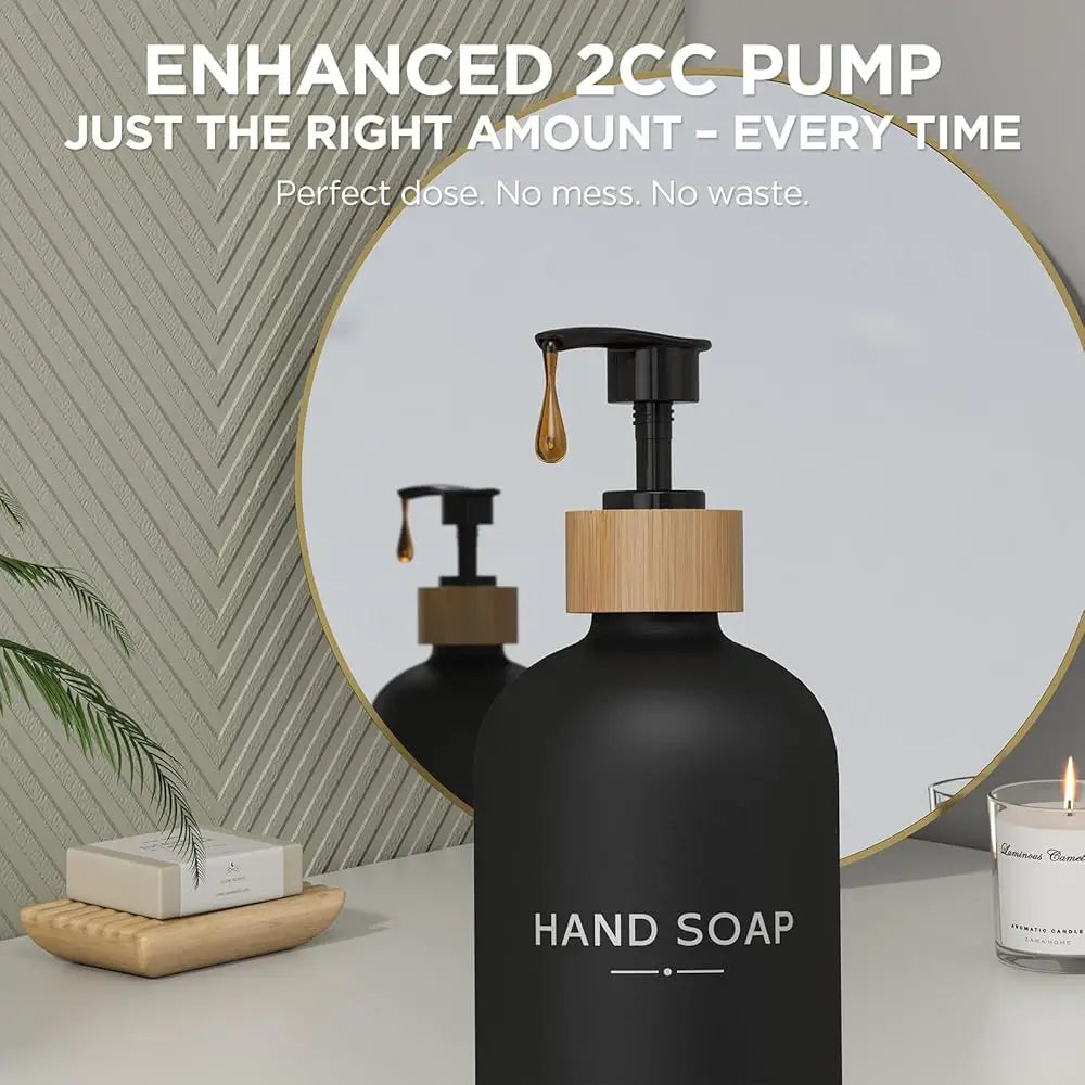 Hand and Dish Soap Dispenser Set,16oz Glass Bottles with Printed Labels, Bamboo Tray & Pump,Countertop Soap Dispensers for Ki