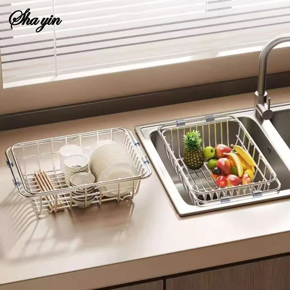 2024 Stainless Steel Telescopic Sink Drain Rack Non-Slip Dish Drying Kitchen Bathroom Countertop Organizer Rack for Household Use