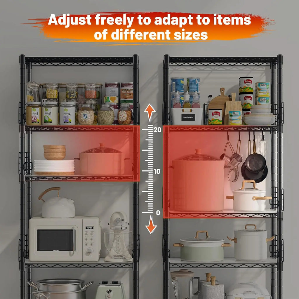 5 Tier Adjustable Metal Wire Shelf Pantry Storage Shelves with Side Blockers Hooks & Shelf Organizer Customized