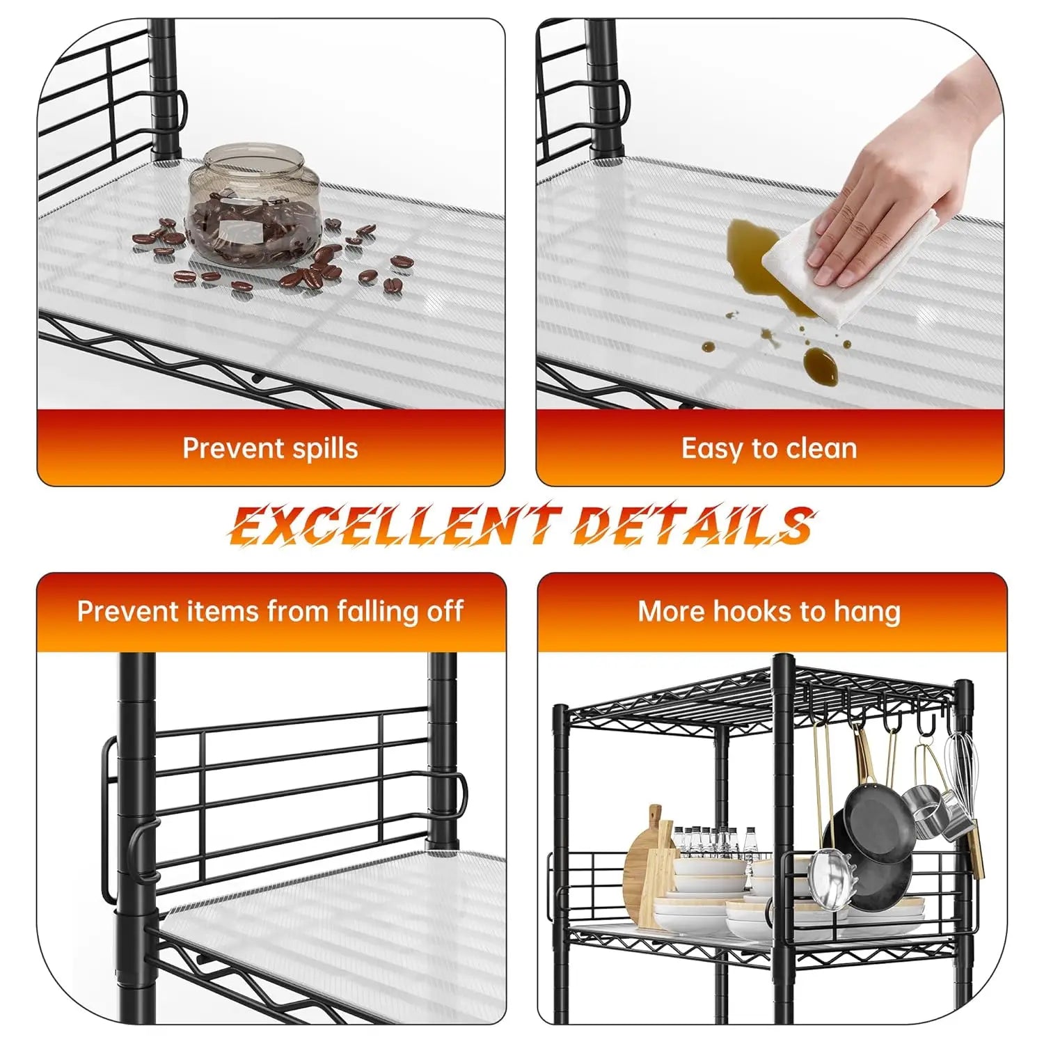 5 Tier Adjustable Metal Wire Shelf Pantry Storage Shelves with Side Blockers Hooks & Shelf Organizer Customized