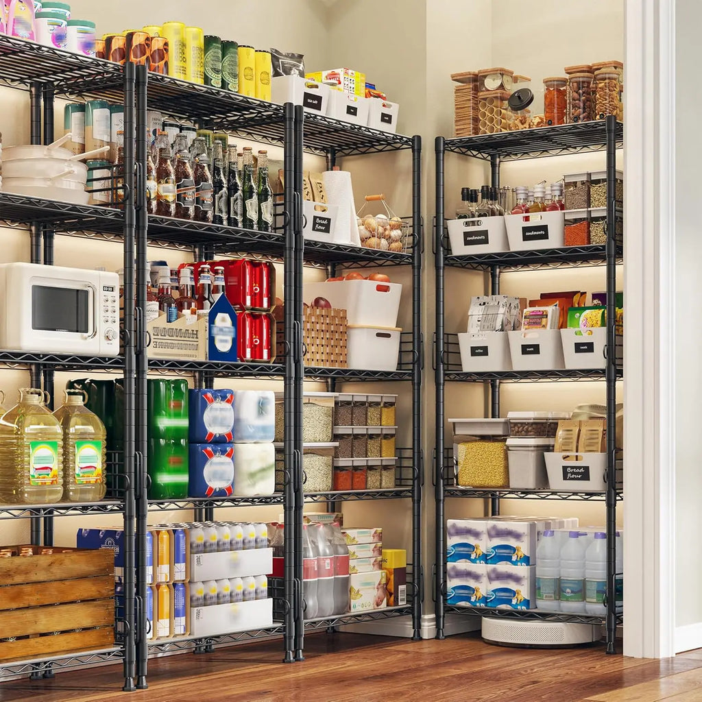 5 Tier Adjustable Metal Wire Shelf Pantry Storage Shelves with Side Blockers Hooks & Shelf Organizer Customized