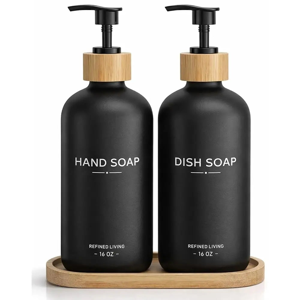 Hand and Dish Soap Dispenser Set,16oz Glass Bottles with Printed Labels, Bamboo Tray & Pump,Countertop Soap Dispensers for Ki
