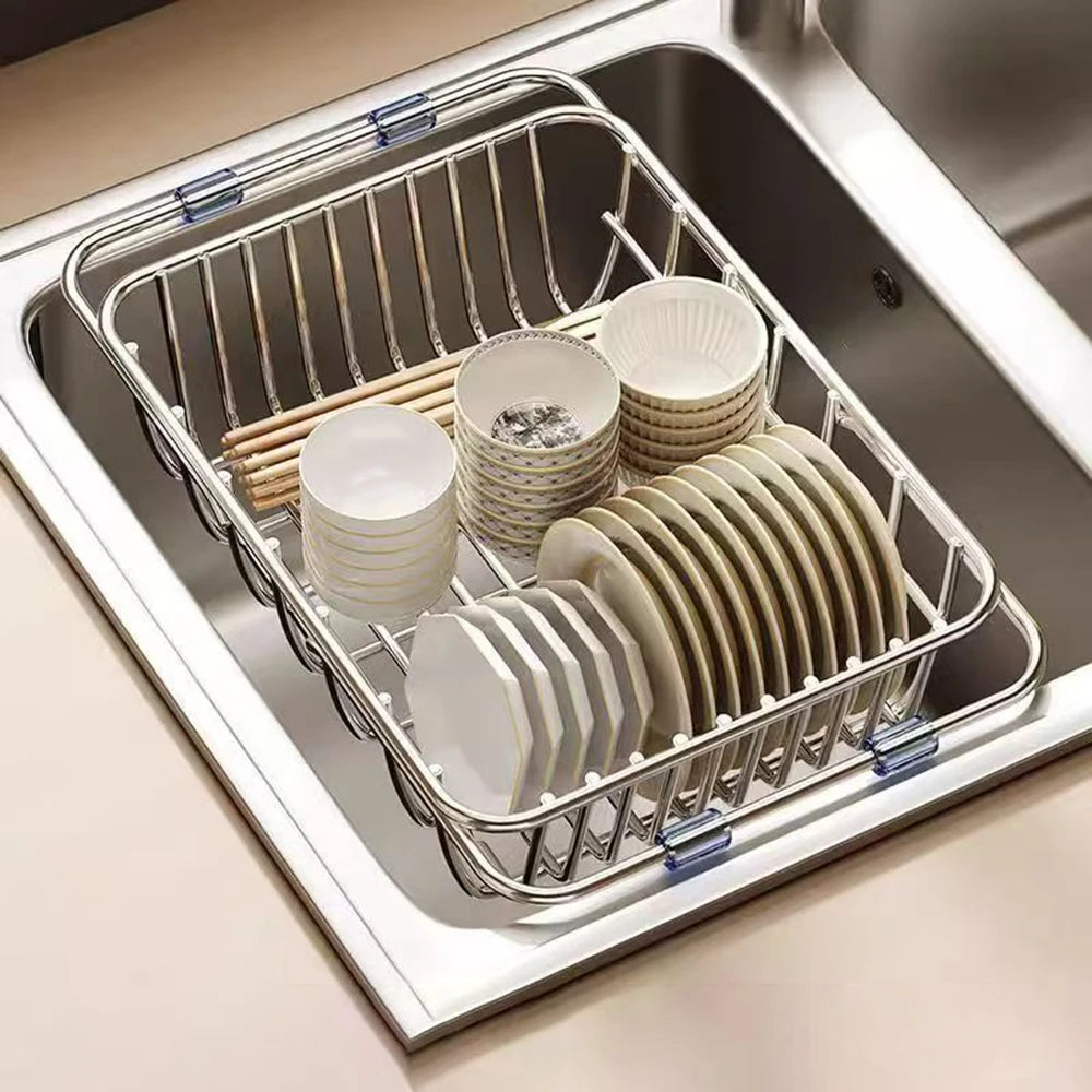 2024 Stainless Steel Telescopic Sink Drain Rack Non-Slip Dish Drying Kitchen Bathroom Countertop Organizer Rack for Household Use
