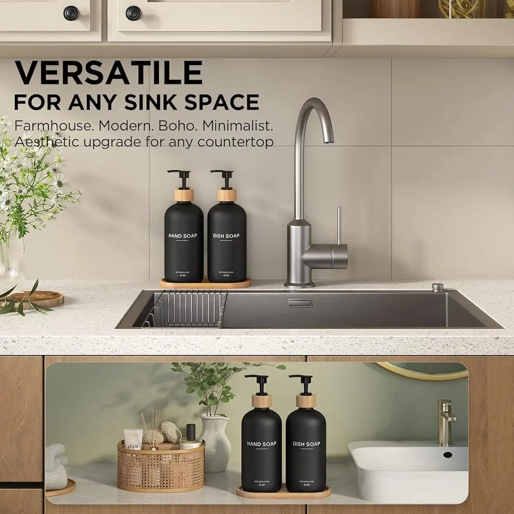 Hand and Dish Soap Dispenser Set,16oz Glass Bottles with Printed Labels, Bamboo Tray & Pump,Countertop Soap Dispensers for Ki