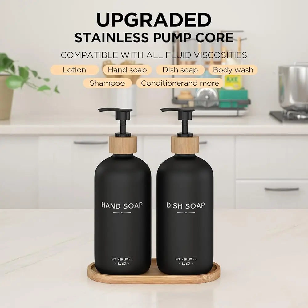 Hand and Dish Soap Dispenser Set,16oz Glass Bottles with Printed Labels, Bamboo Tray & Pump,Countertop Soap Dispensers for Ki