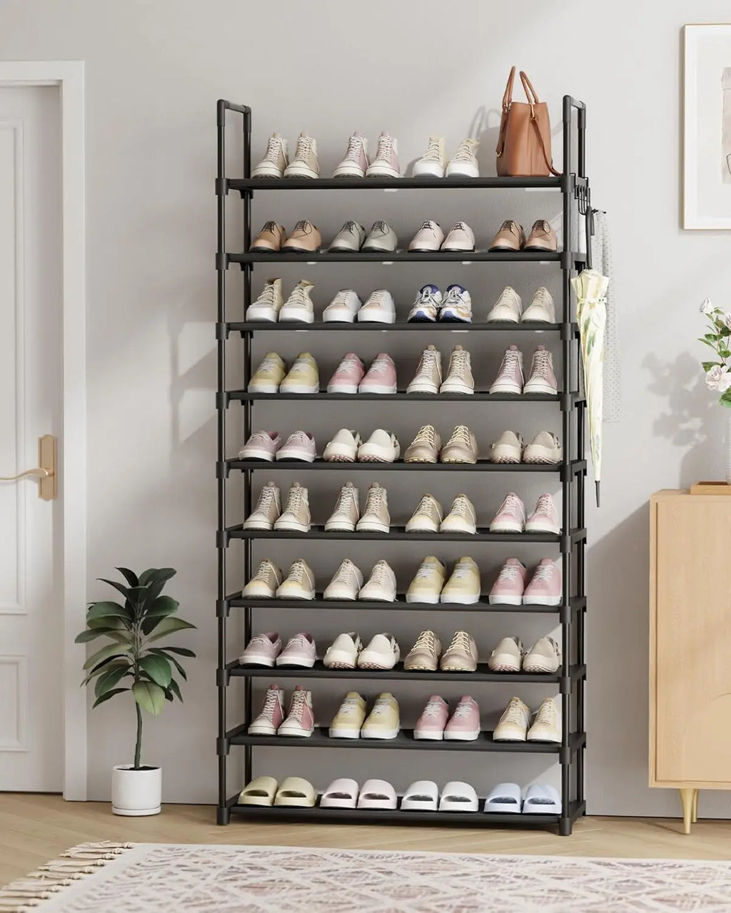 10-Tier Shoe Rack with Hooks, Large Capacity Space-Saving Organizer for Entryway Bedroom Living Room, Black