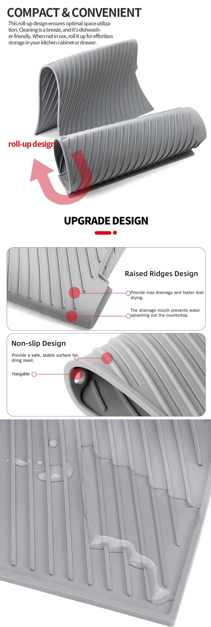 S/M/LSilicone Draining Board Mat Drying Pad Folding Heat  Machine Mat with Raised Edges Countertop Mats Dish for Kitchen Pot Cup