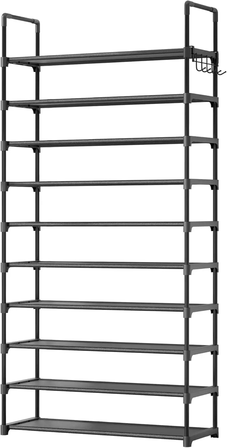 10-Tier Shoe Rack with Hooks, Large Capacity Space-Saving Organizer for Entryway Bedroom Living Room, Black