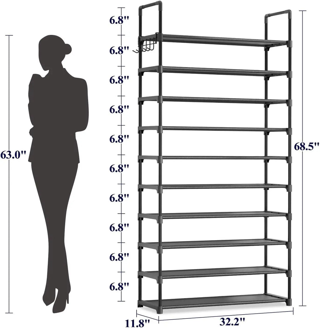 10-Tier Shoe Rack with Hooks, Large Capacity Space-Saving Organizer for Entryway Bedroom Living Room, Black