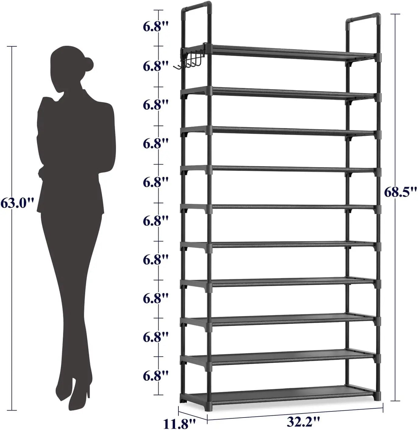 10-Tier Shoe Rack with Hooks, Large Capacity Space-Saving Organizer for Entryway Bedroom Living Room, Black