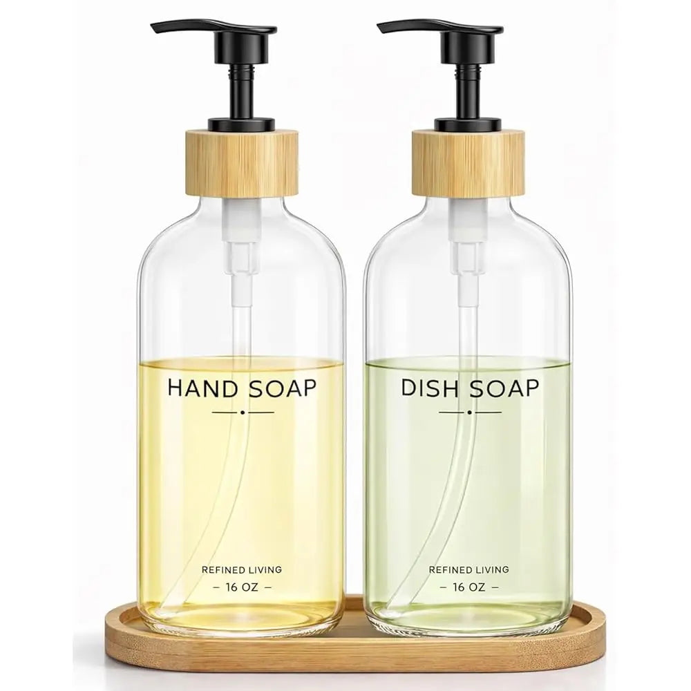 Hand and Dish Soap Dispenser Set,16oz Glass Bottles with Printed Labels, Bamboo Tray & Pump,Countertop Soap Dispensers for Ki