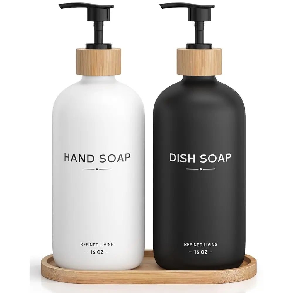 Hand and Dish Soap Dispenser Set,16oz Glass Bottles with Printed Labels, Bamboo Tray & Pump,Countertop Soap Dispensers for Ki