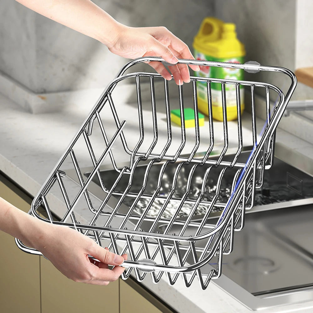 2024 Stainless Steel Telescopic Sink Drain Rack Non-Slip Dish Drying Kitchen Bathroom Countertop Organizer Rack for Household Use
