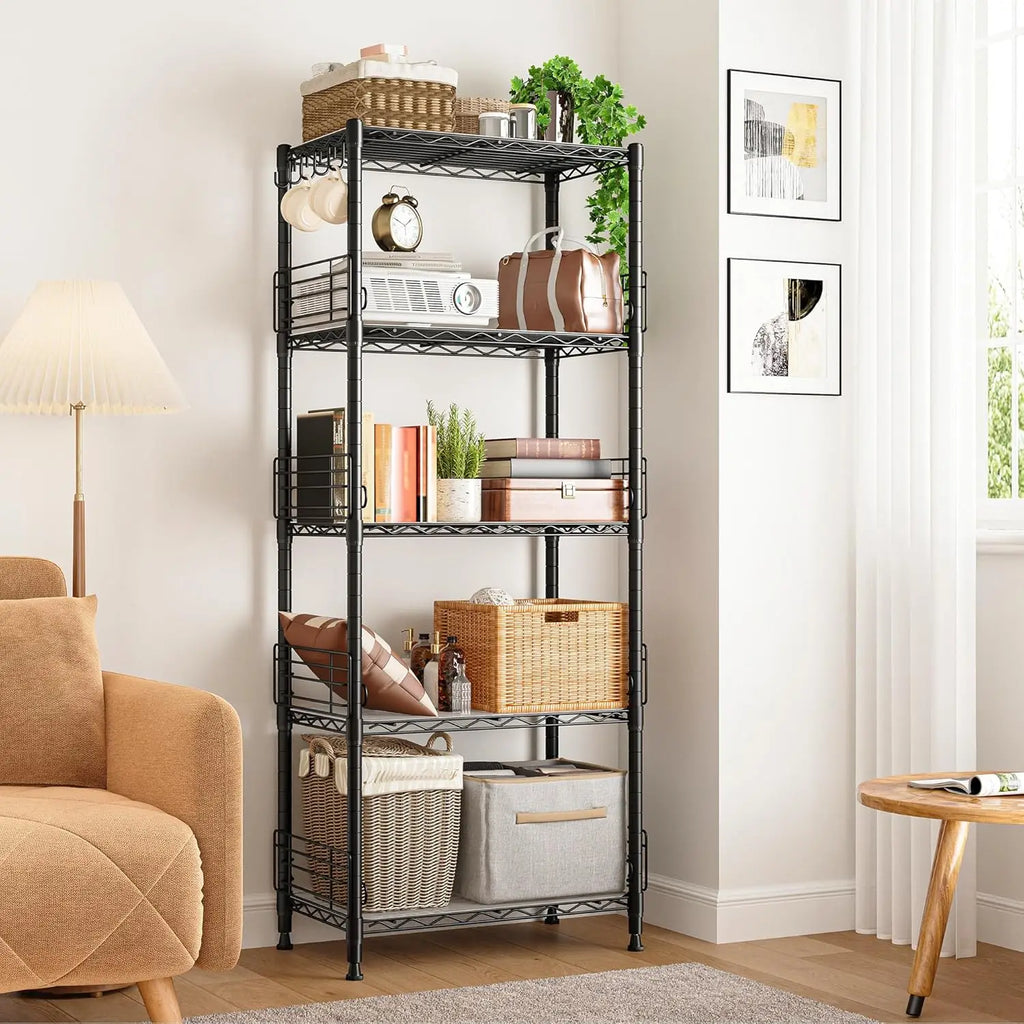 5 Tier Adjustable Metal Wire Shelf Pantry Storage Shelves with Side Blockers Hooks & Shelf Organizer Customized