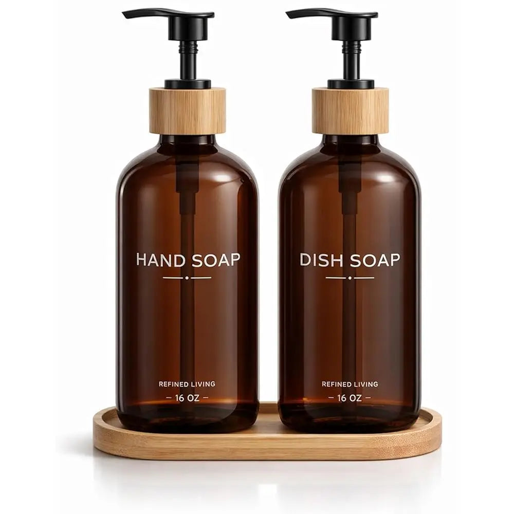 Hand and Dish Soap Dispenser Set,16oz Glass Bottles with Printed Labels, Bamboo Tray & Pump,Countertop Soap Dispensers for Ki
