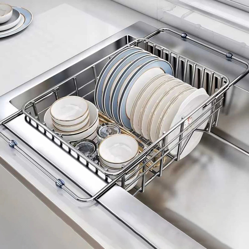 2024 Stainless Steel Telescopic Sink Drain Rack Non-Slip Dish Drying Kitchen Bathroom Countertop Organizer Rack for Household Use