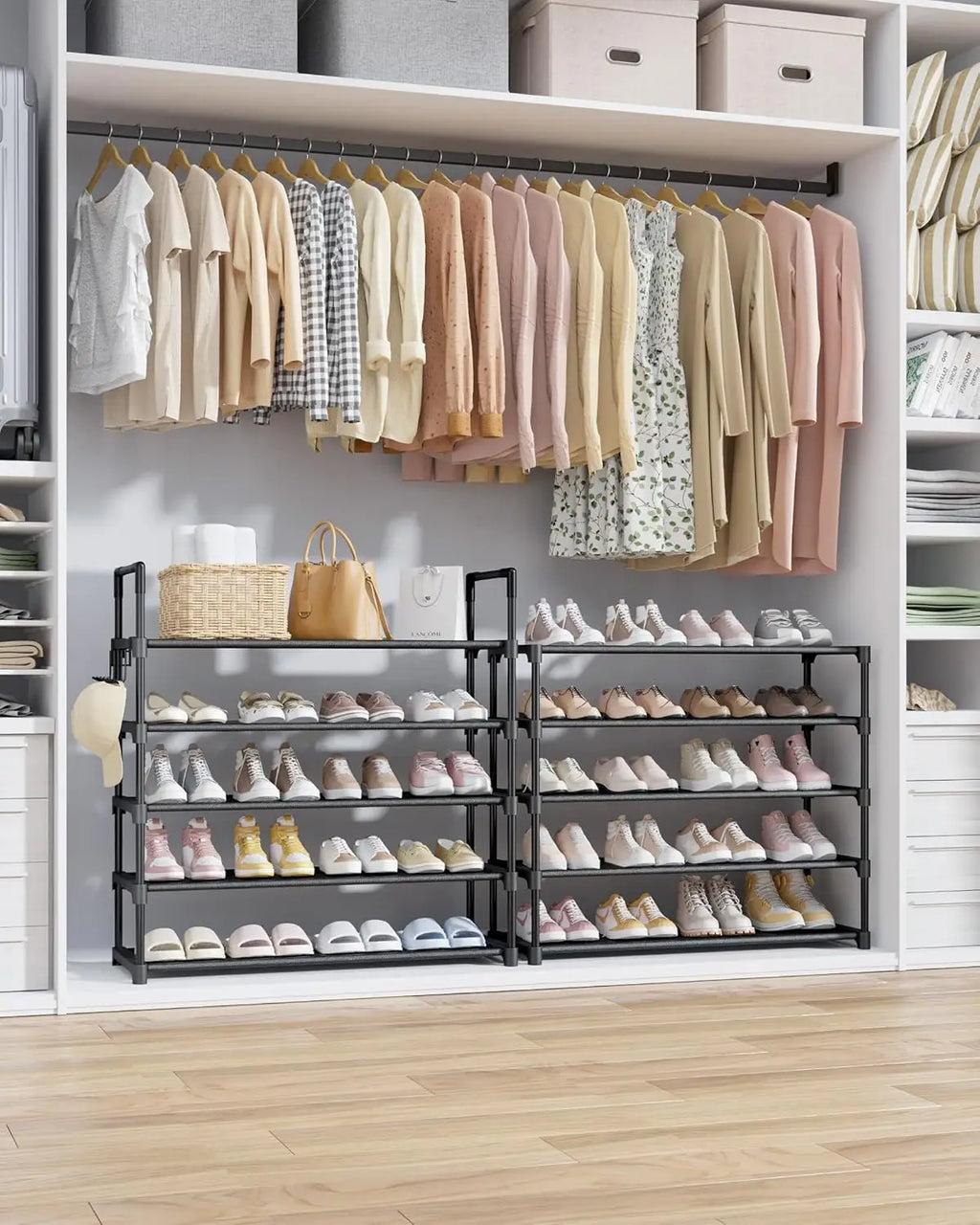 10-Tier Shoe Rack with Hooks, Large Capacity Space-Saving Organizer for Entryway Bedroom Living Room, Black