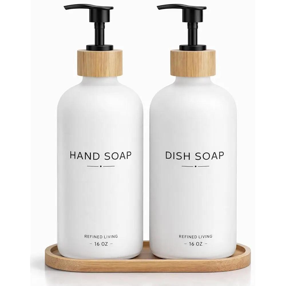 Hand and Dish Soap Dispenser Set,16oz Glass Bottles with Printed Labels, Bamboo Tray & Pump,Countertop Soap Dispensers for Ki