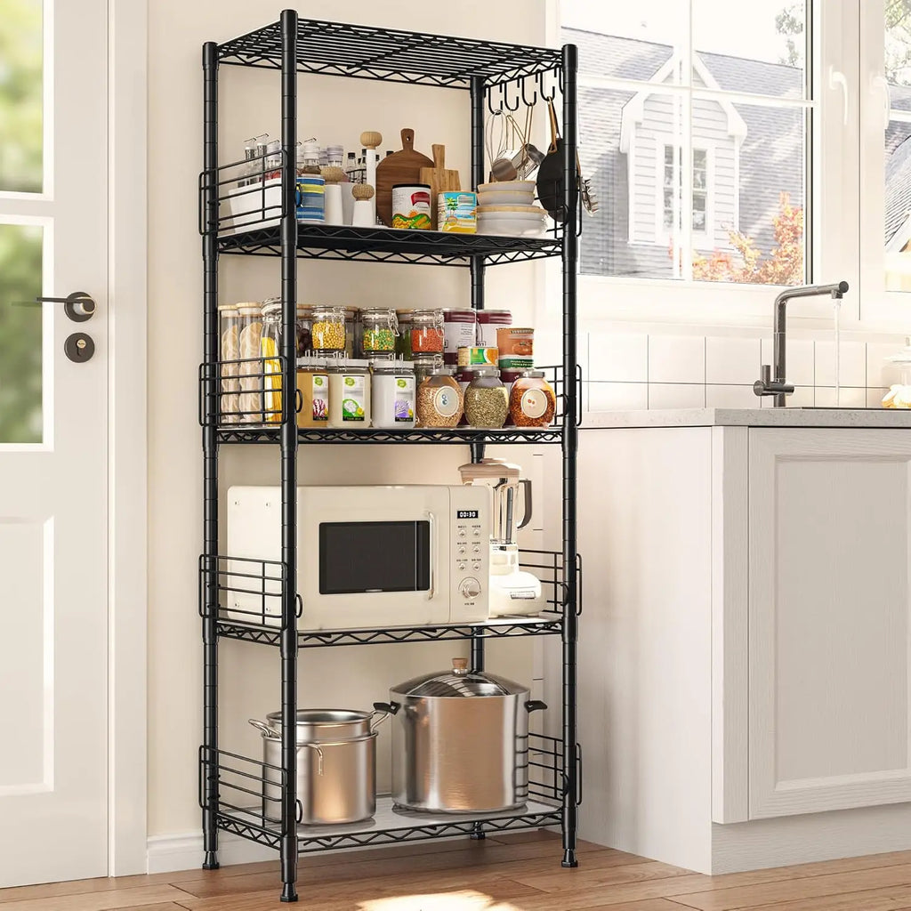 5 Tier Adjustable Metal Wire Shelf Pantry Storage Shelves with Side Blockers Hooks & Shelf Organizer Customized