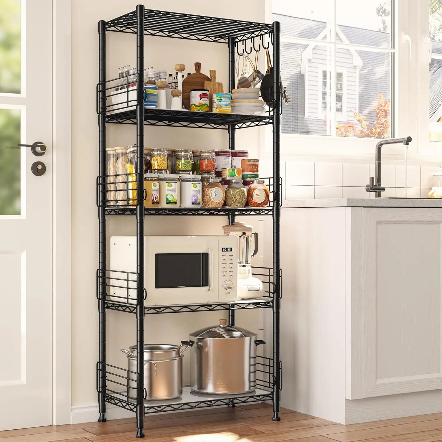 5 Tier Adjustable Metal Wire Shelf Pantry Storage Shelves with Side Blockers Hooks & Shelf Organizer Customized