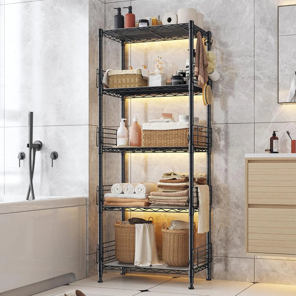 5 Tier Adjustable Metal Wire Shelf Pantry Storage Shelves with Side Blockers Hooks & Shelf Organizer Customized