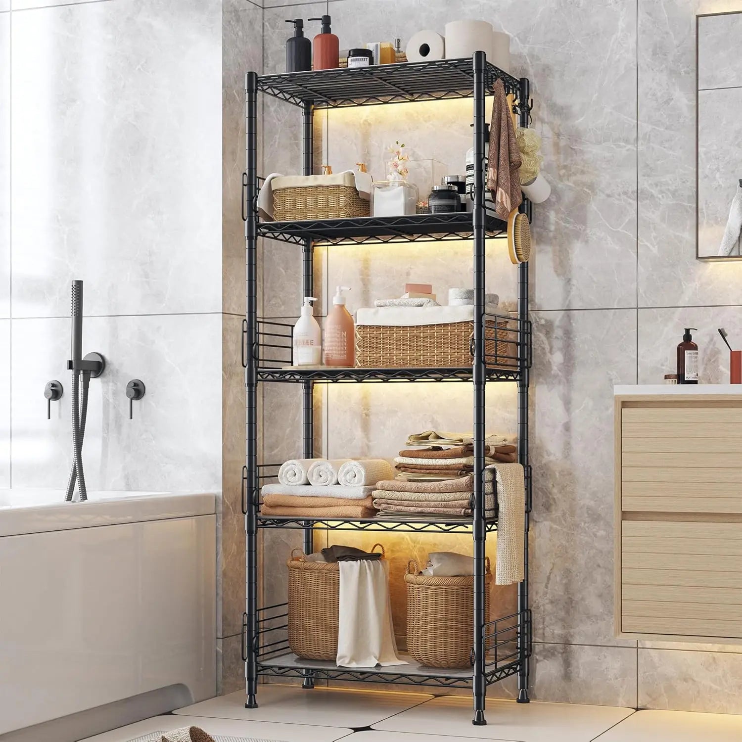 5 Tier Adjustable Metal Wire Shelf Pantry Storage Shelves with Side Blockers Hooks & Shelf Organizer Customized
