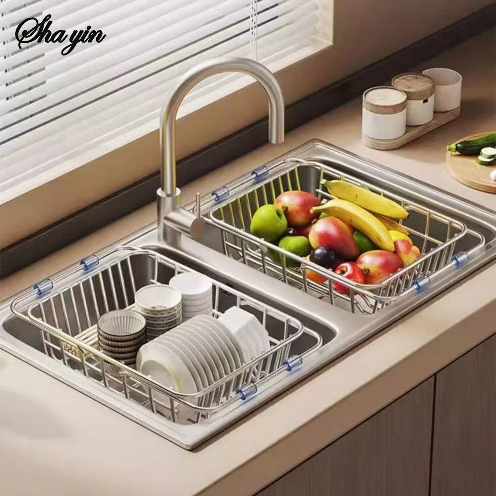 2024 Stainless Steel Telescopic Sink Drain Rack Non-Slip Dish Drying Kitchen Bathroom Countertop Organizer Rack for Household Use