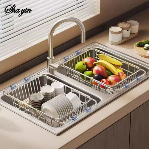 2024 Stainless Steel Telescopic Sink Drain Rack Non-Slip Dish Drying Kitchen Bathroom Countertop Organizer Rack for Household Use