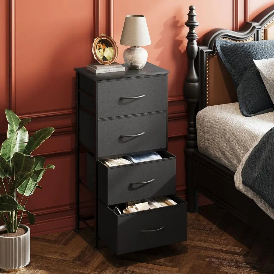 Dresser with 4 Drawers, Fabric Storage Tower, Organizer Unit for Bedroom, Hallway, Entryway, Closets, Sturdy Steel Frame, Wood T